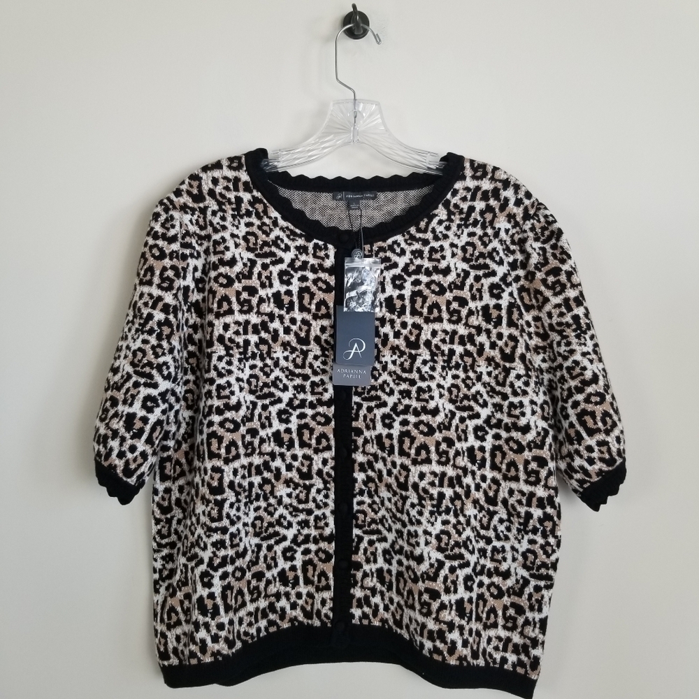 Adrianna Papell Short Sleeve Scalloped Trim Cardigan Sweater Large NWT